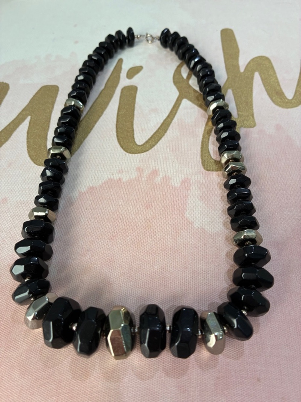 Black Faceted Bead Necklace with Silver Accents - Women Jewelry